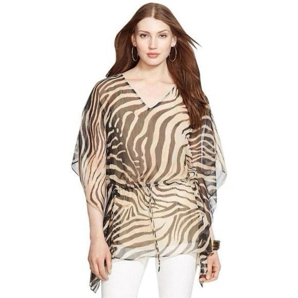 Lauren Ralph Lauren Zebra Crinkle Tunic Top Brown Drawstring Waist- Size 2XL